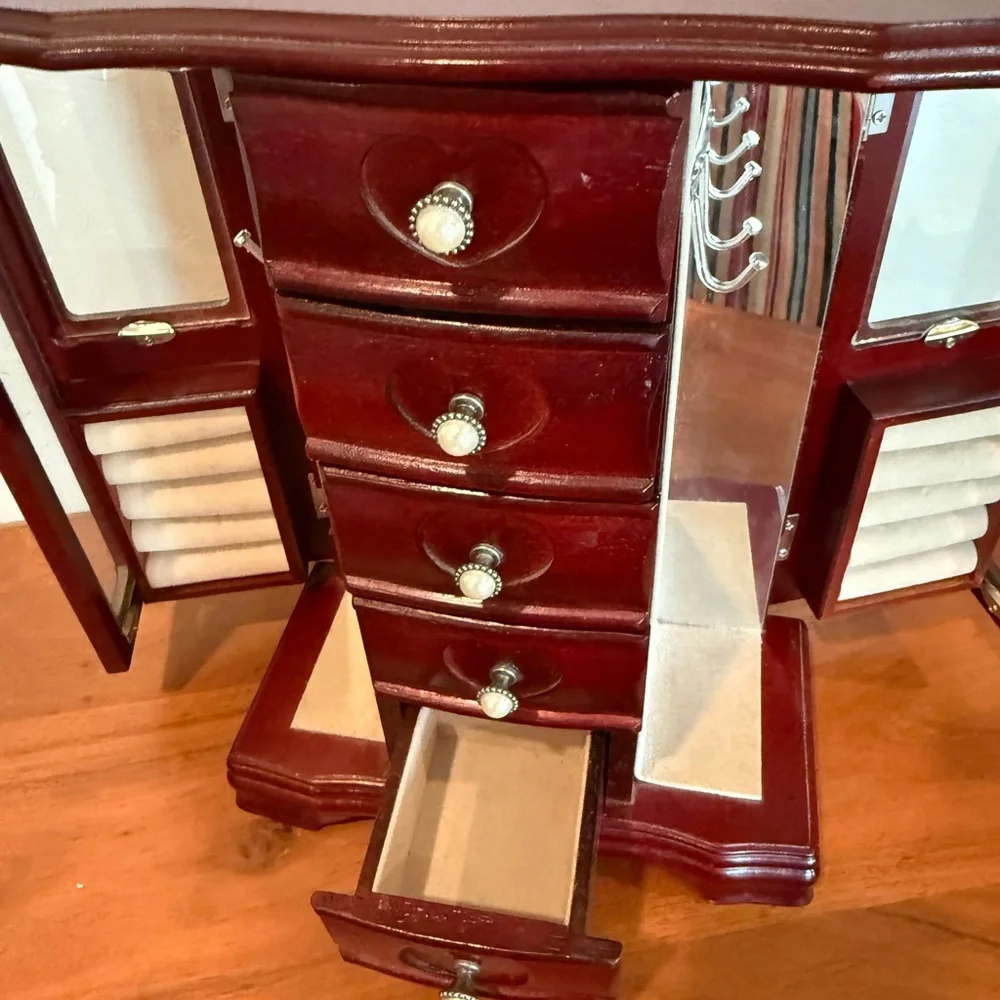 Vintage Cherry Wooden Jewelry Armoire Organizer with Heart Accents‎ cubby hooks